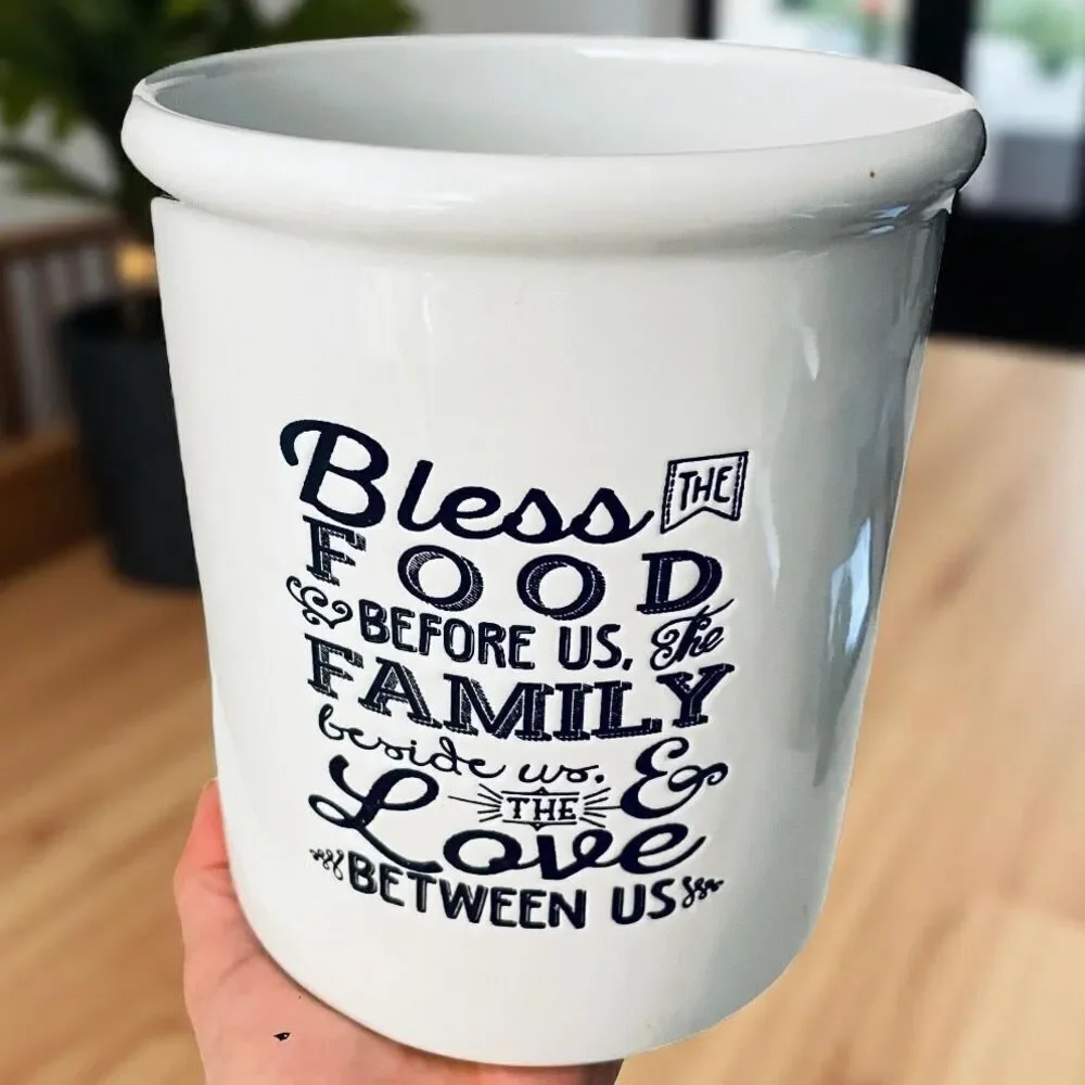 NWT Devotions Bless the Food Utensil White Ceramic Inspirational Container Jar